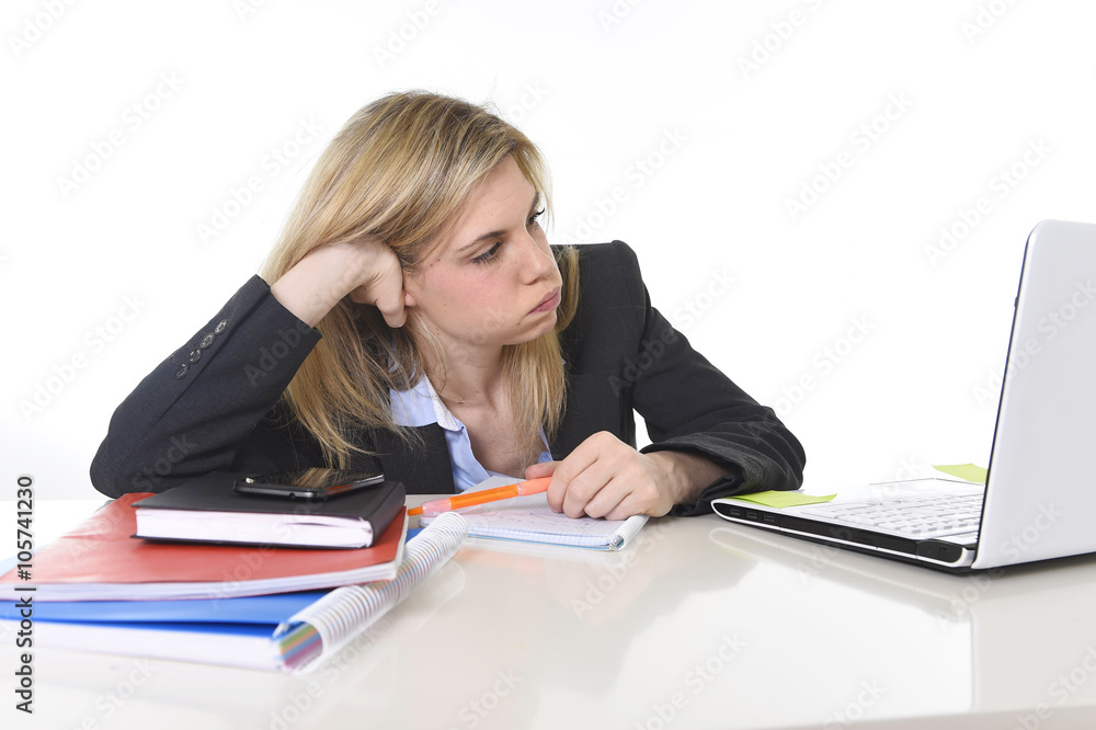young beautiful business woman suffering stress working at office frustrated and sad young beautiful business woman suffering stress working at office frustrated and sad