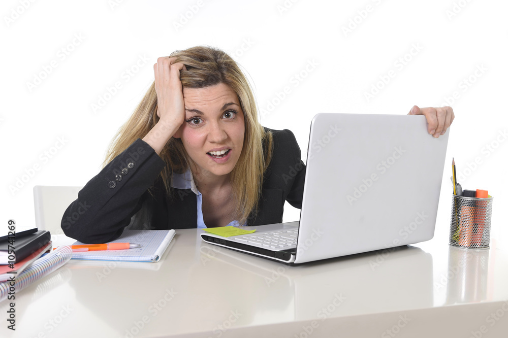 young beautiful business woman suffering stress working at office frustrated and sad young beautiful business woman suffering stress working at office frustrated and sad