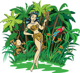 Jungle tiki goddess drinking a tiki cocktail on an island