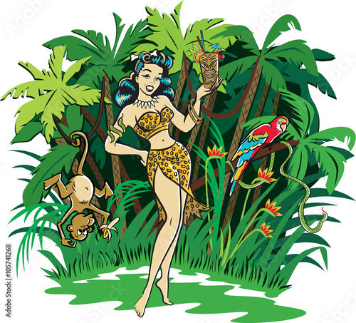 Jungle tiki goddess drinking a tiki cocktail on an island