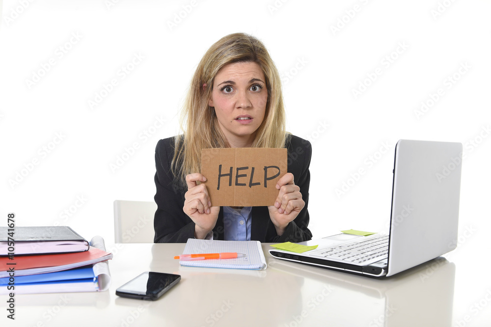 young beautiful business woman suffering stress working at office asking for help feeling tired young beautiful business woman suffering stress working at office asking for help feeling tired