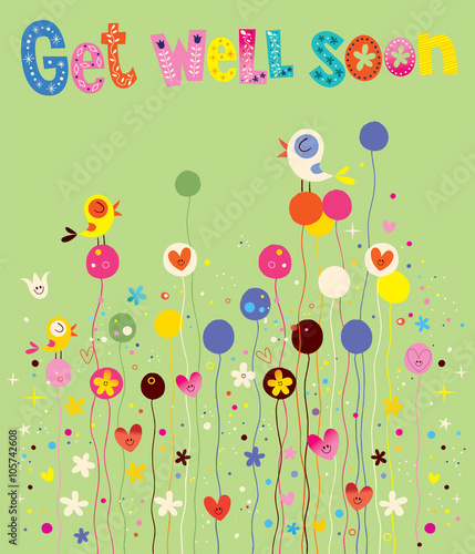 Get well soon card with birds, flowers and hearts