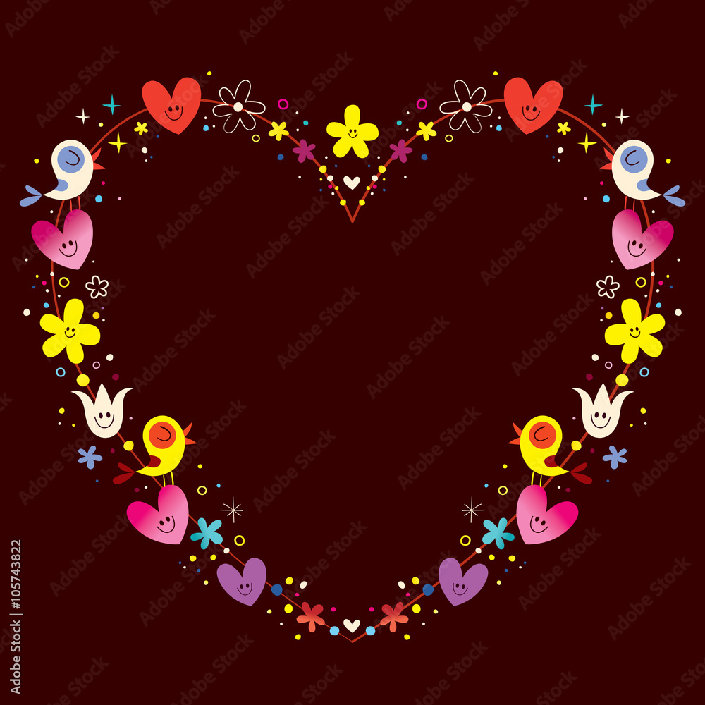 heart shaped love frame with cute birds hearts and flowers design element