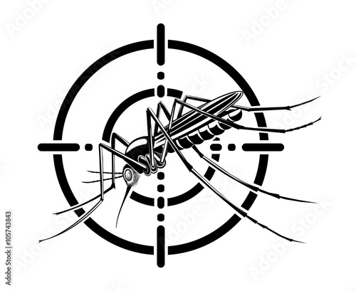 Illustration of a mosquito in sight target. Vector black logo mosquito. Mosquito opposite to target. Warning signs. Sign calling beware of mosquitoes, carriers of dangerous diseases