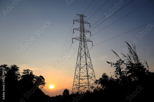 Power lines on a colorful sunrise