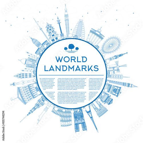 Outline travel concept around the world with famous internationational landmarks