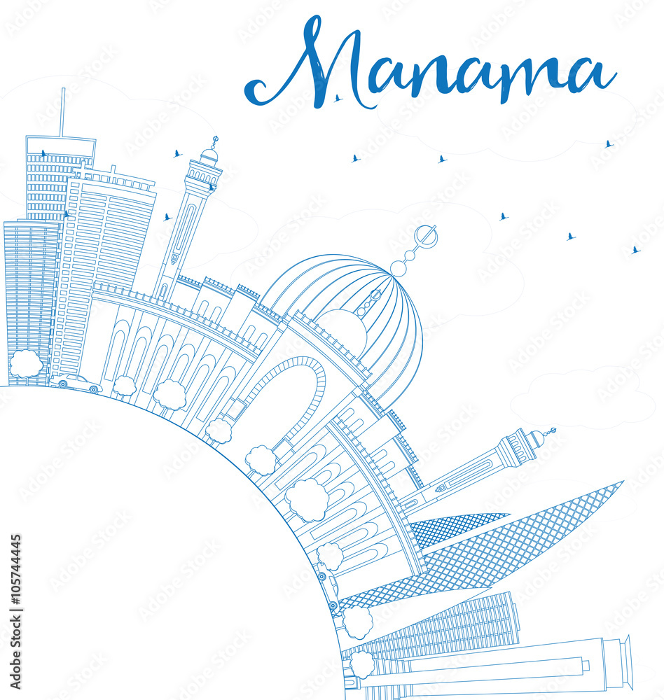 Outline Manama Skyline with Blue Buildings and Copy Space.