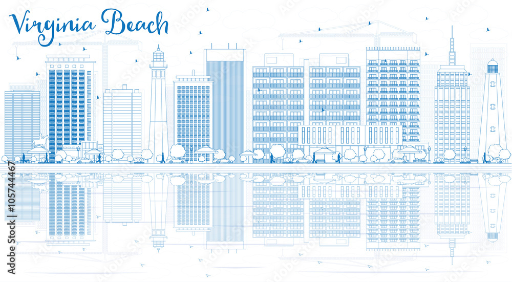 Outline Virginia Beach Skyline with Blue Buildings and Reflections