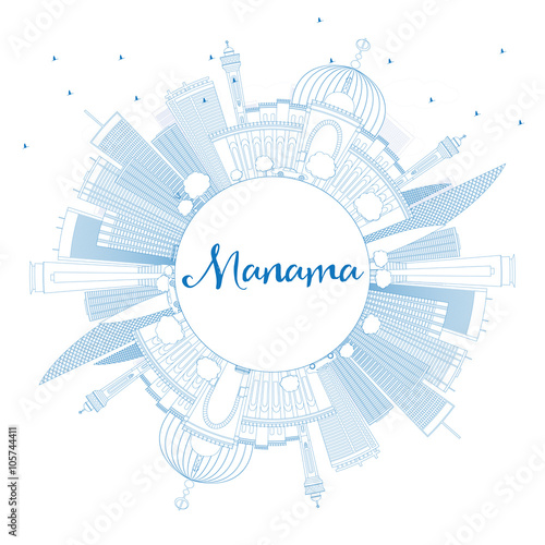 Outline Manama Skyline with Blue Buildings and Copy Space.