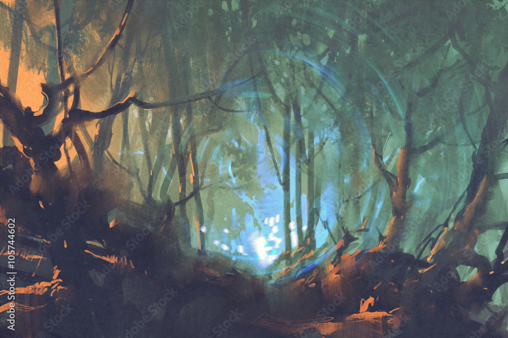 Naklejka dark forest with mystic light,illustration painting