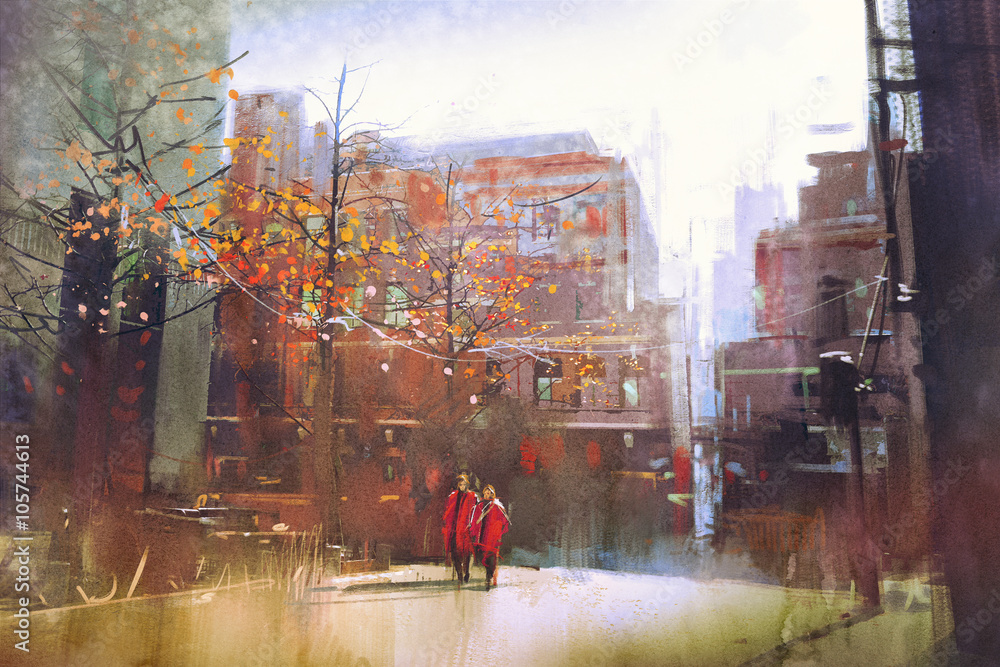 Obraz premium couple in red walking on street of city,digital painting