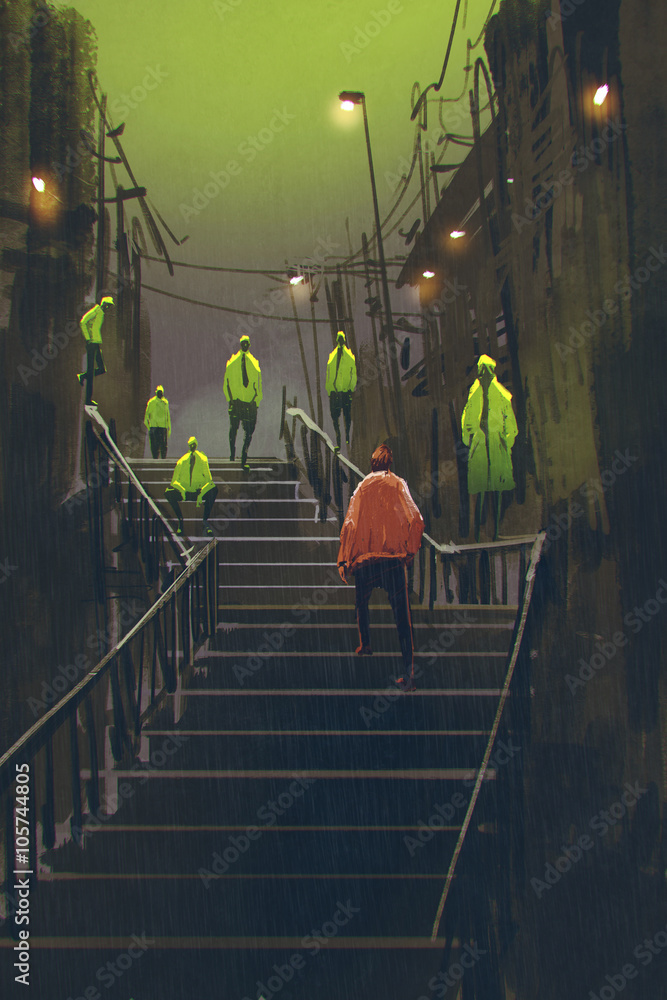 Fototapeta premium encounter between red man and crowd of green men,illustration painting