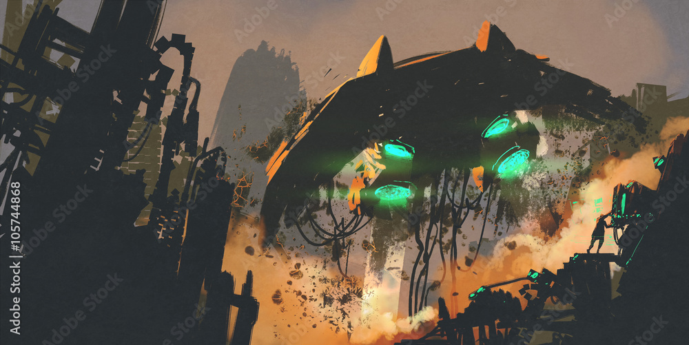 Naklejka premium sci-fi scene showing man restoring the spaceship,digital painting