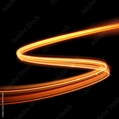 Vector magic glowing spark swirl trail. Bokeh glitter light wave.
