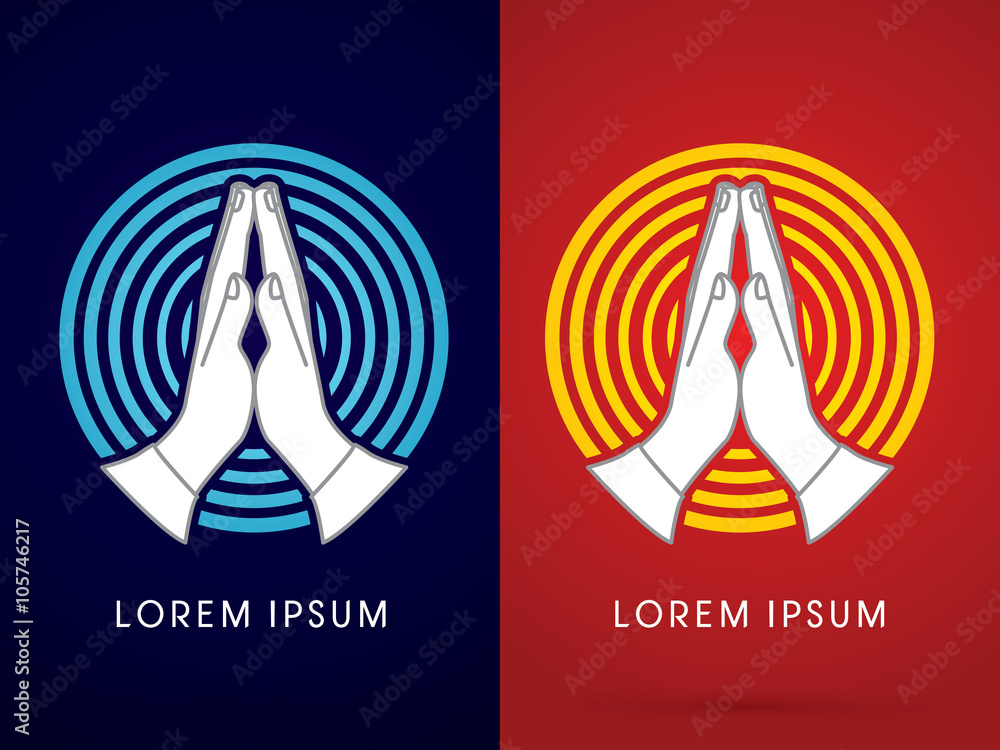 Prayer hand on blue and yellow cycle line background Prayer hand on blue and yellow cycle line background