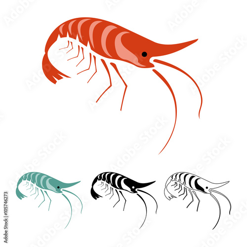 Set of vector shrimps: cooked shrimp, fresh shrimp, tattoo style shrimp and outline shrimp. It can be used for restaurant menu, tattoo salons and icons.