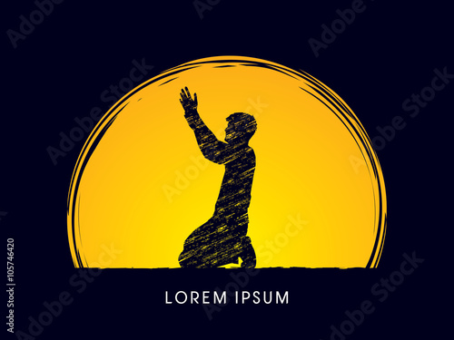 Kneeling Man Praying, designed on moonlight background graphic vector.