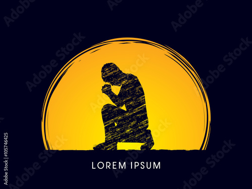 Kneeling Man Praying, designed on moonlight background graphic vector.