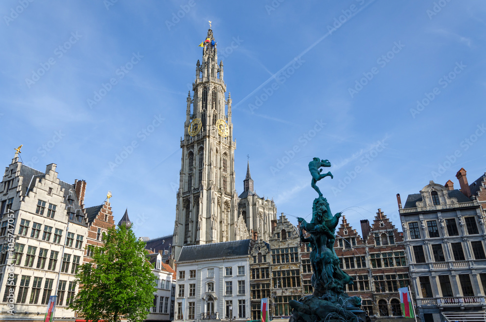 Statue of Brabo and the Cathedral of our Lady at Grand Place in
