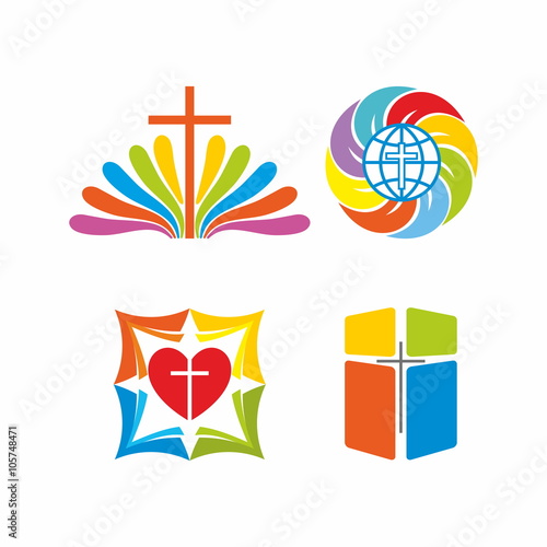 Logo church. Christian symbols. Multi-colored solutions.