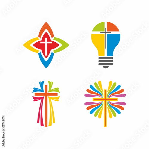 Logo church. Christian symbols. Multi-colored solutions.