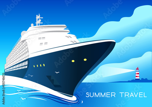 Summer travel cruise ship. Vintage art deco poster illustration.