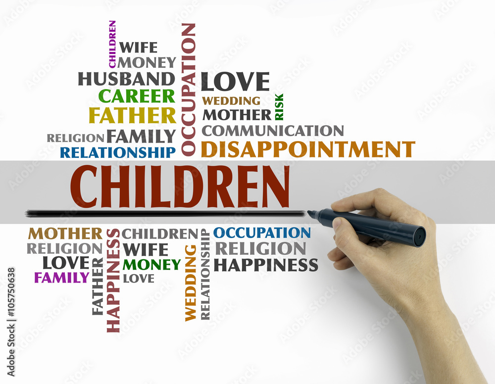 Hand with marker writing - Children word cloud, Relations concep Hand with marker writing - Children word cloud, Relations concep