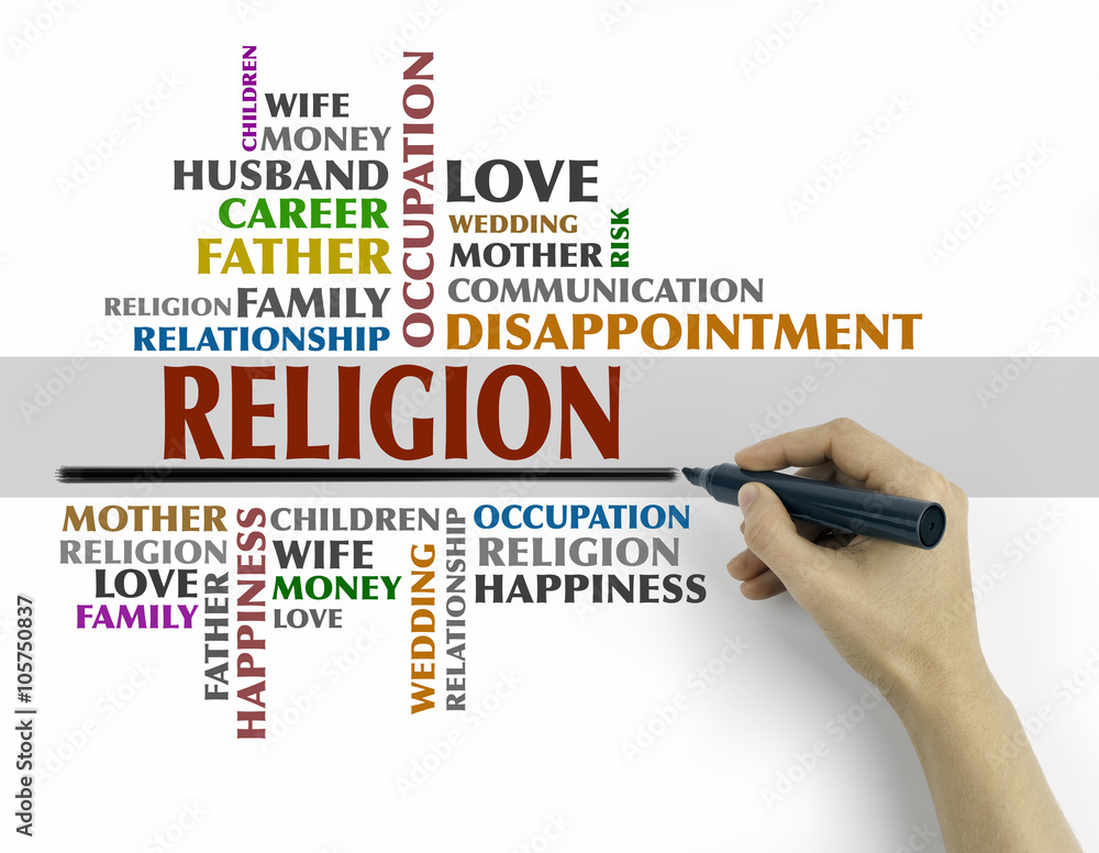 Hand with marker writing - Religion word cloud, Relations concep Hand with marker writing - Religion word cloud, Relations concep