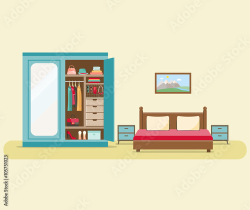 Bedroom with furniture interior set. Comfortable cozy bedroom with bed and wardrobe with clothes. Flat vector illustration.