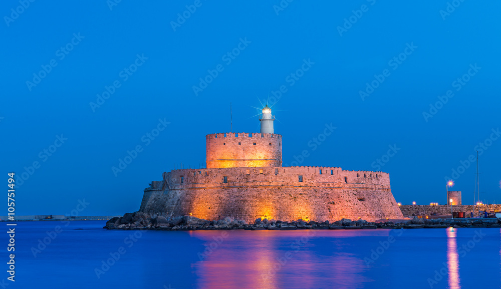 Tower and Fort of Saint Nicholas lighthouse in Rhodes, Greece