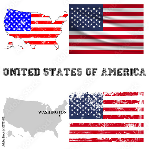 Карта и флаг США в старинном и современном стиле.