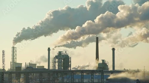 Medium shot of fumes rising from plywood factory chimneys during a cold winter day