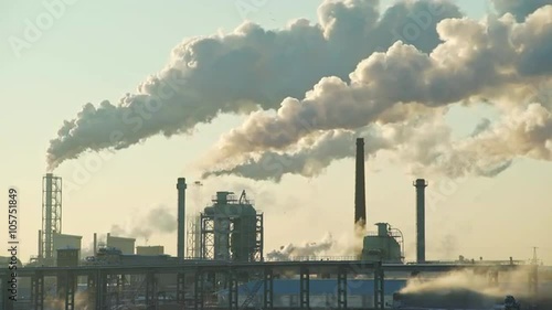 Medium shot of fumes rising from plywood factory chimneys during a cold winter day photo