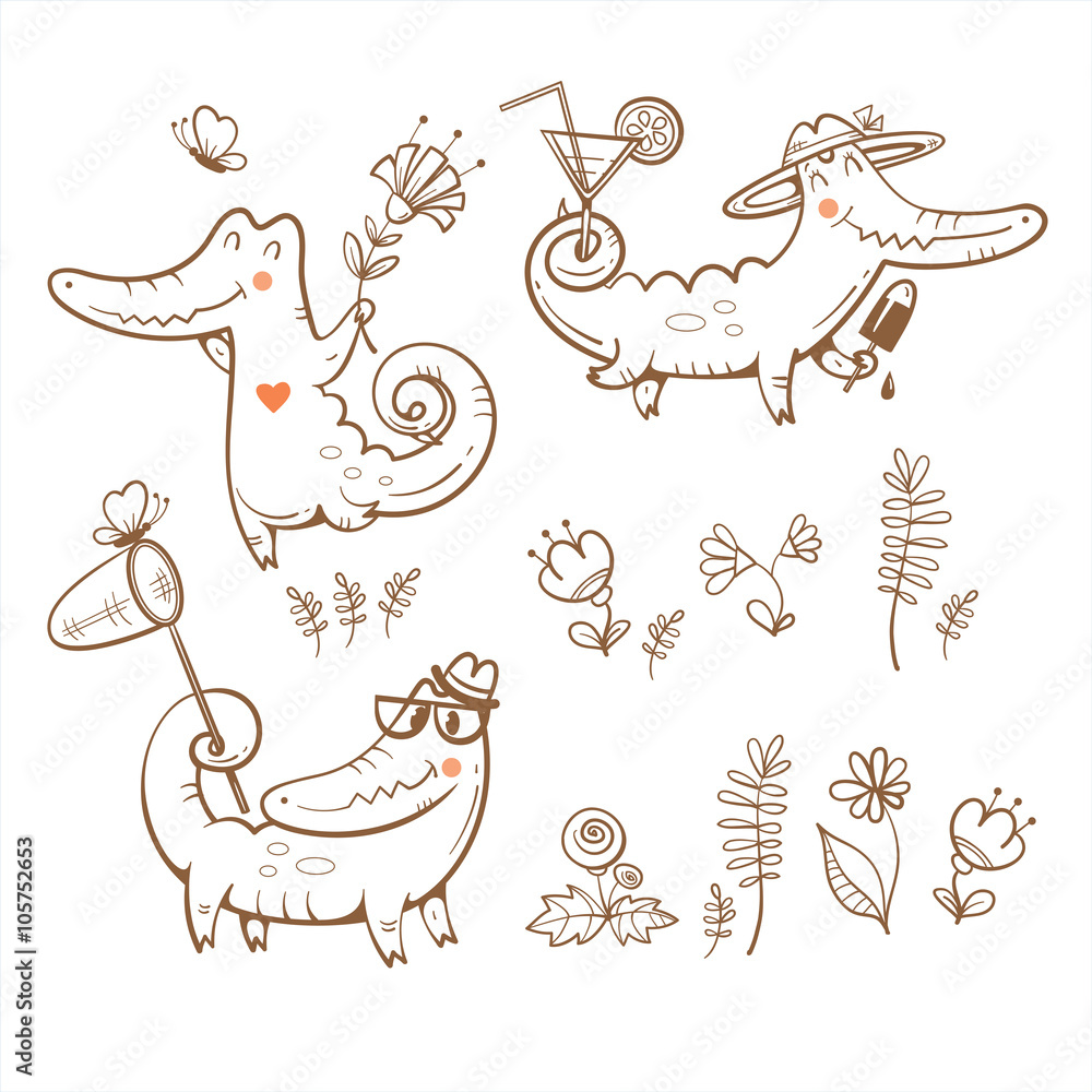 Naklejka premium Zestaw kreskówka krokodyle. Czas letni. Motyle i kwiaty. Lody i koktajle. Grafika wektorowa. Rysunek konturowy.