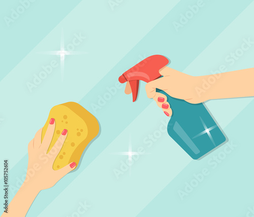 Hand holding sponge and detergent. Washing windows. Flat vector illustration