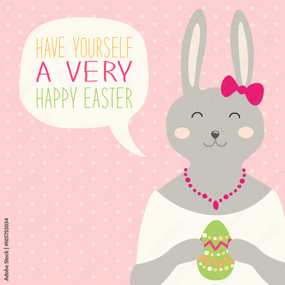 Cute hand drawn Easter card with bunny, egg and speech bubble with hand written text Cute hand drawn Easter card with bunny, egg and speech bubble with hand written text