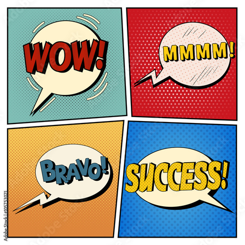 Comic Bubbles Set. Expressions Wow, Mmmm, Bravo, Success. Halftone Background. Pop Art