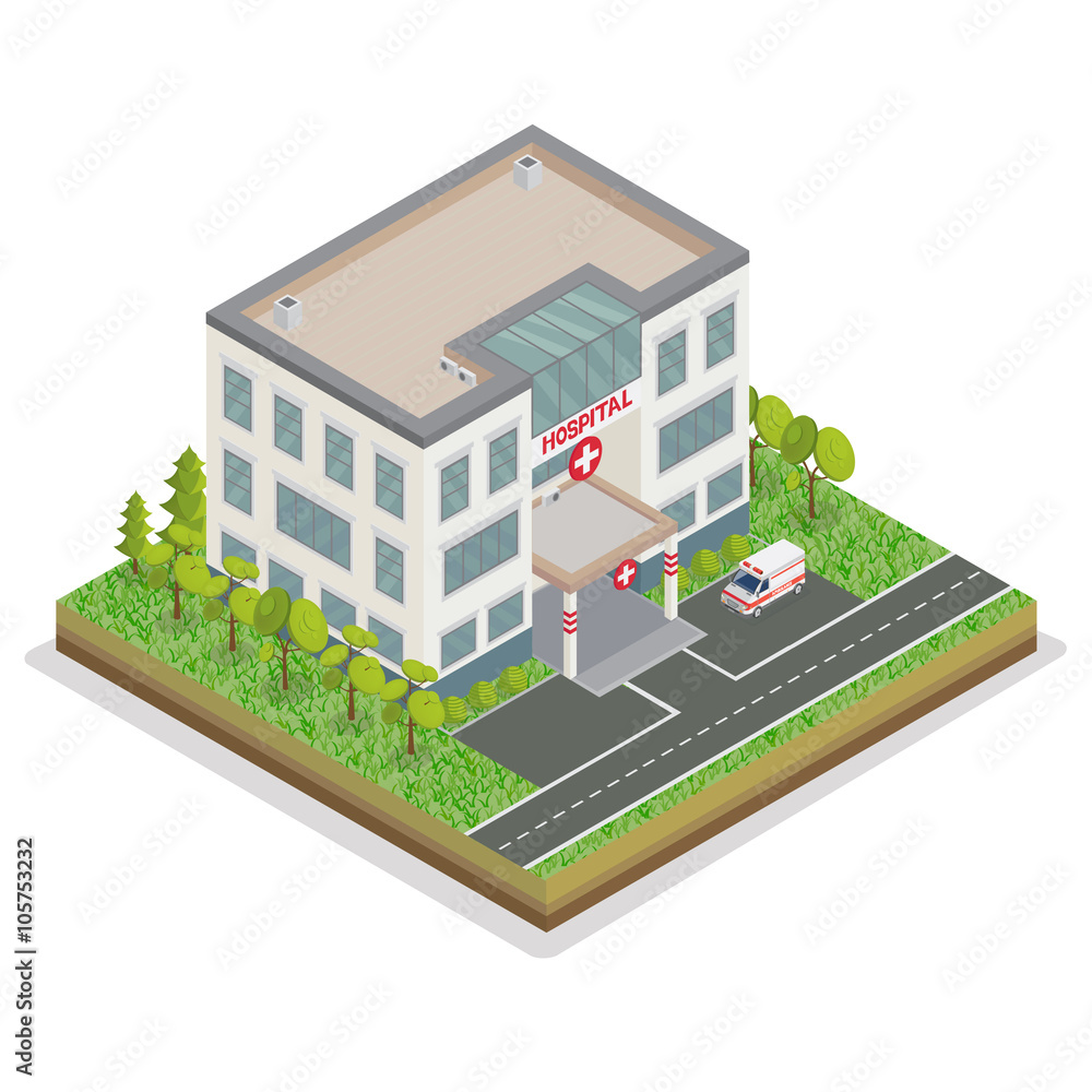 Hospital Building. City Hospital. Medical Center. Isometric Concept Hospital Building. City Hospital. Medical Center. Isometric Concept