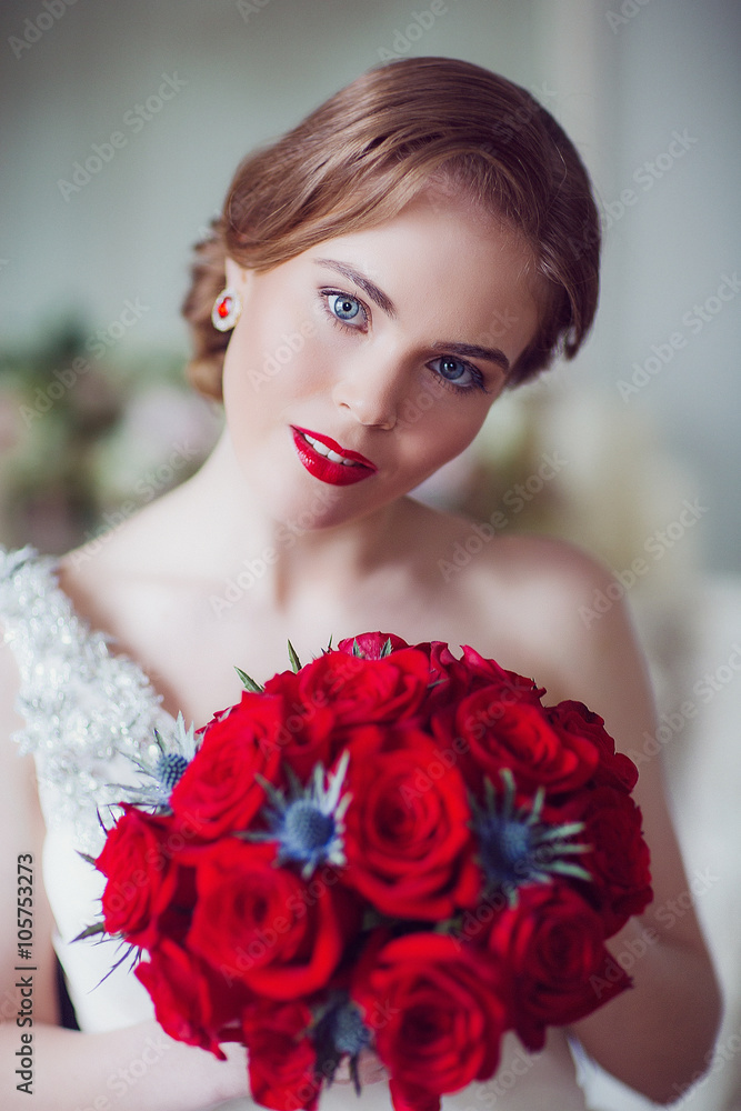 Naklejka premium Coiffure of Young Beautiful Attractive Bride with Flowers. White Dress and Wedding Decorations. Vintage Toning