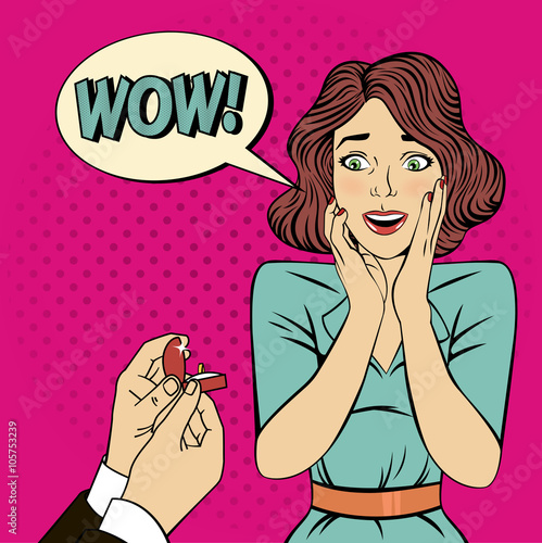 Marriage Proposal. Engagement. Surprised Woman. Pop Art Banner