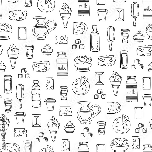 Vector seamless pattern with hand drawn isolated dairy products,milk on white color