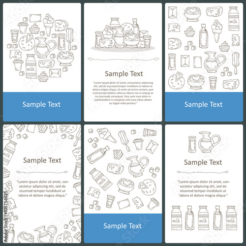 Vector set of prepared cards with hand drawn dairy products, milk