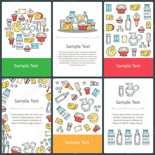 Vector set of colored cards with hand drawn dairy products, milk