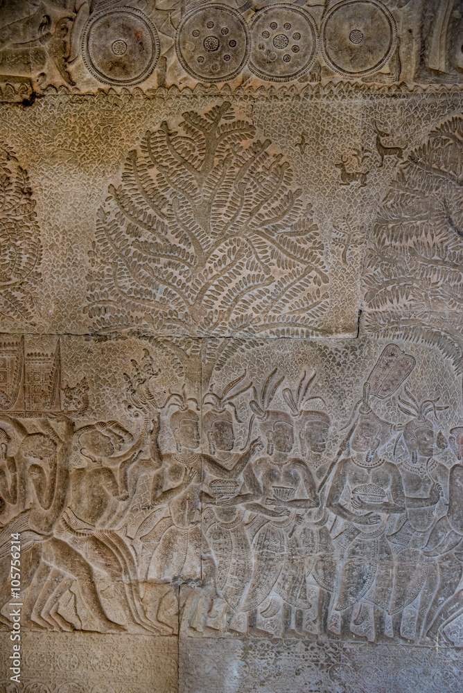 Bas relief of wives and servants from Angkhor Wat, Cambodia