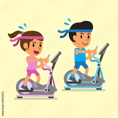Cartoon a man and a woman exercising on elliptical machines