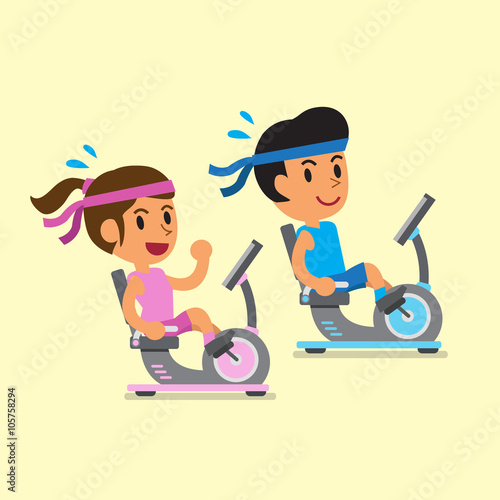 Cartoon a man and a woman riding recumbent exercise bikes