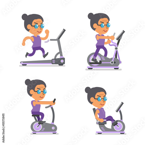 Cartoon old woman with exercise machines