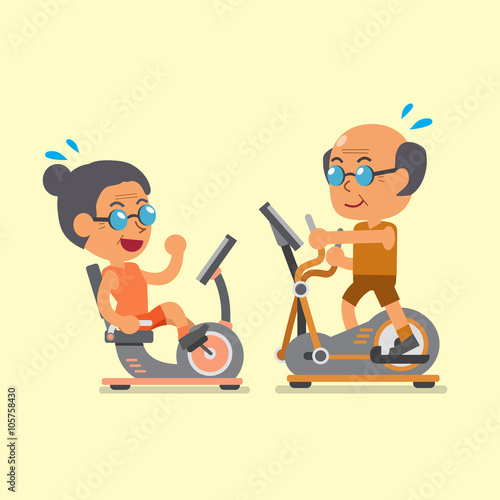 Cartoon senior people doing exercise with exercise bike and elliptical machines