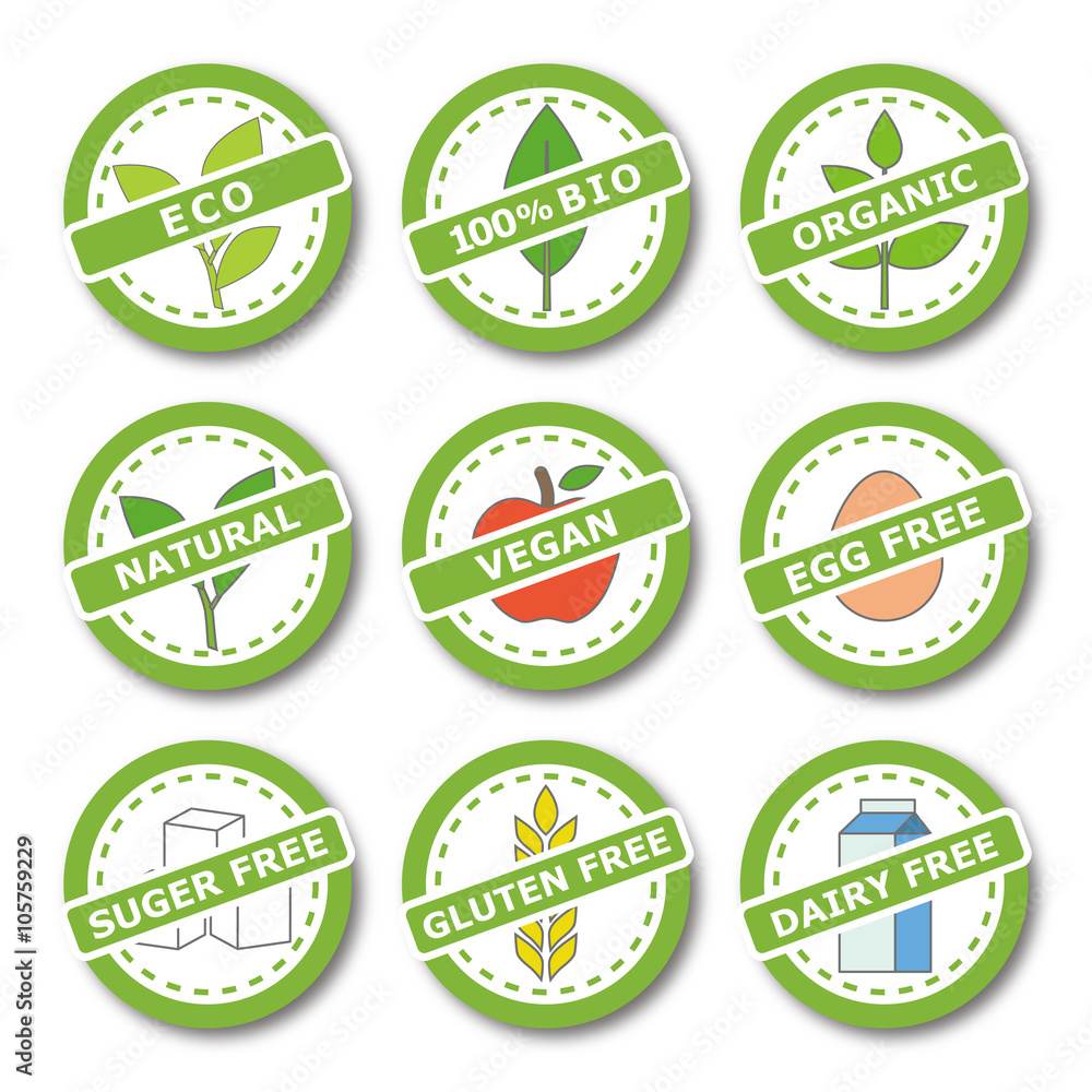 Set of labels for organic, natural, bio and allergen free products Set of labels for organic, natural, bio and allergen free products