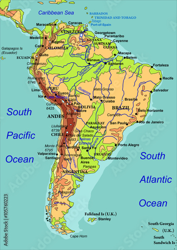 Map of South America. The names of countries, cities and rivers are on the isolated layer. Vector illustration